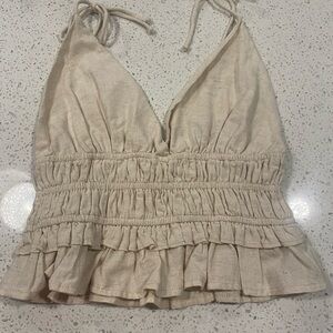 Chic Cream Ruffled Crop Top Frilly Linen blend Bohemian Cottage Prairie Y2K
